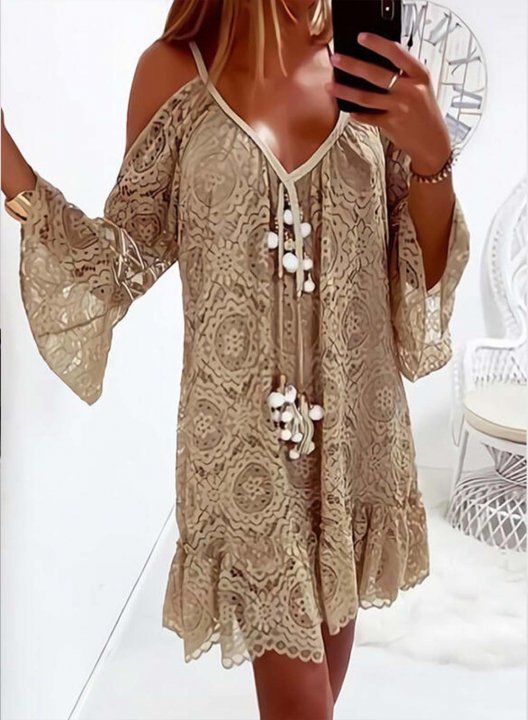 Women's Dresses Solid Flare V Neck Cold Shoulder Embroidery Knee Length Dress