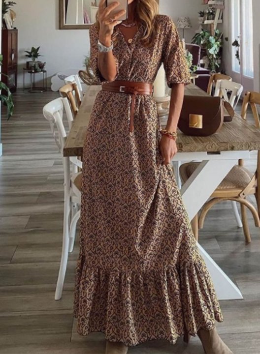 Women's Maxi Dresses Geometric Half Sleeve V Neck Boho Belt Maxi Dress