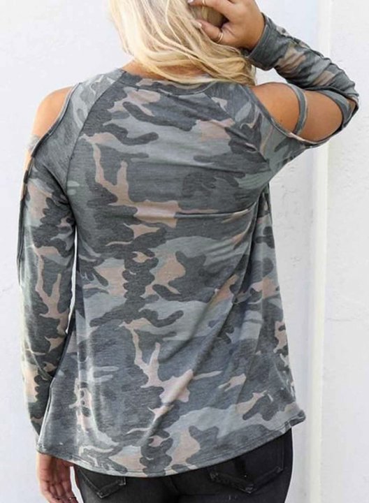 Camo Round Neck Long Sleeve Cut-out Cold Shoulder Sweatshirt