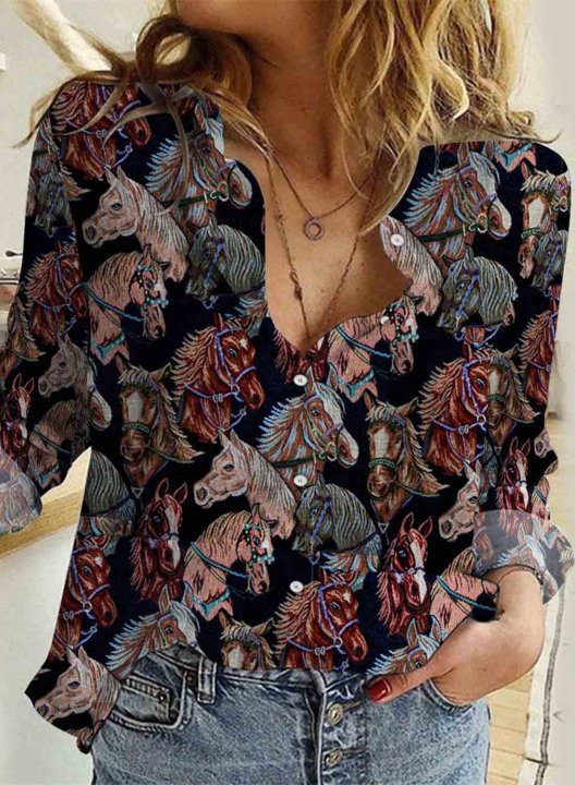 Women's Blouses Color Block Animal Horese Long Sleeve Turn Down Collar Button Blouse