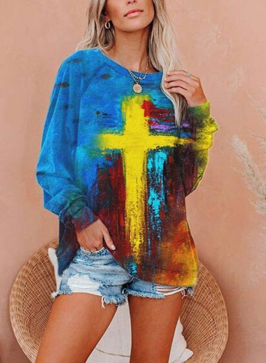 Women's Cross Print Sweatshirts Round Neck Long Sleeve Sweatshirts