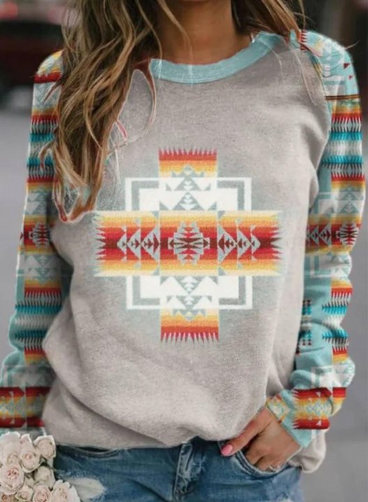 Women's Geometric Aztec Jacquard Print Sweatshirt Long Sleeve Round Neck