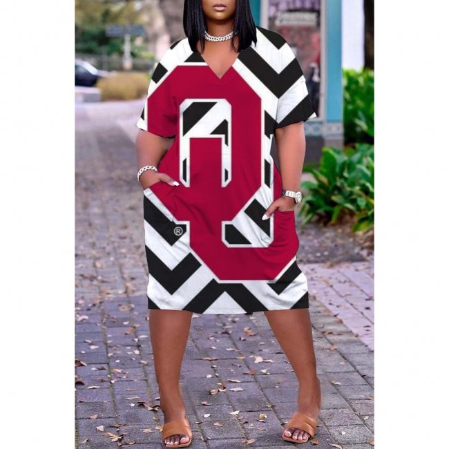 NCAAF Women's Oklahoma Sooners Printed V-neck Casual Pocket Dress