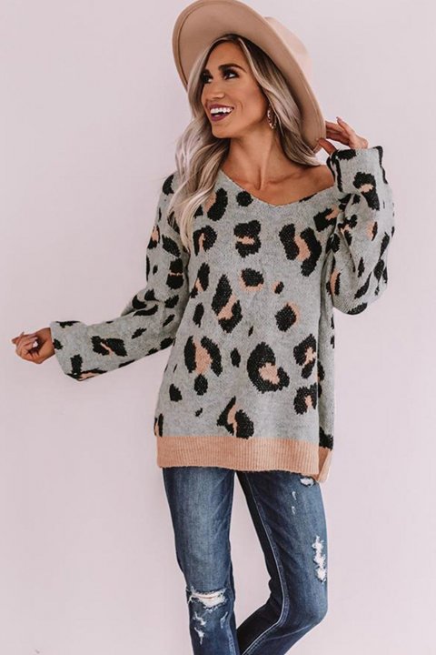 Women's Sweaters V-neck Leopard Print Puff Sleeve Sweaters