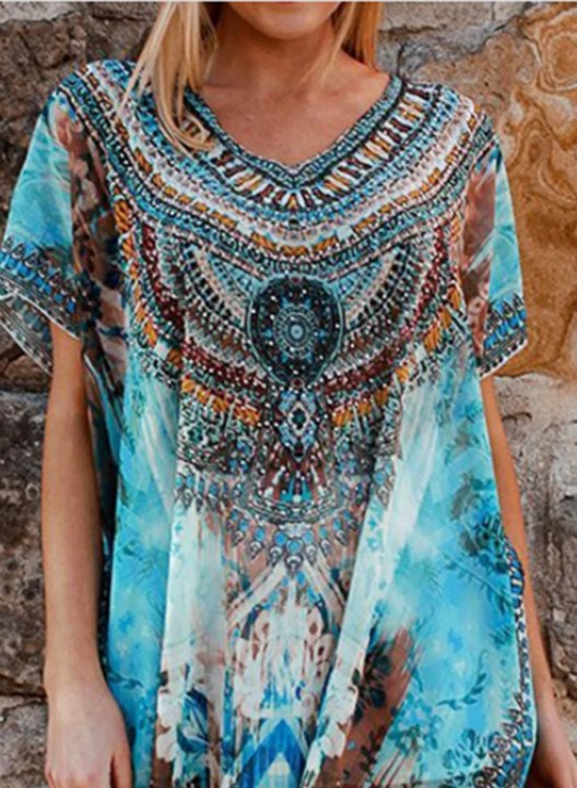 Women's Midi Dress Tribal Shift Short Sleeve V Neck Split Boho Vintage Beach Midi Dress