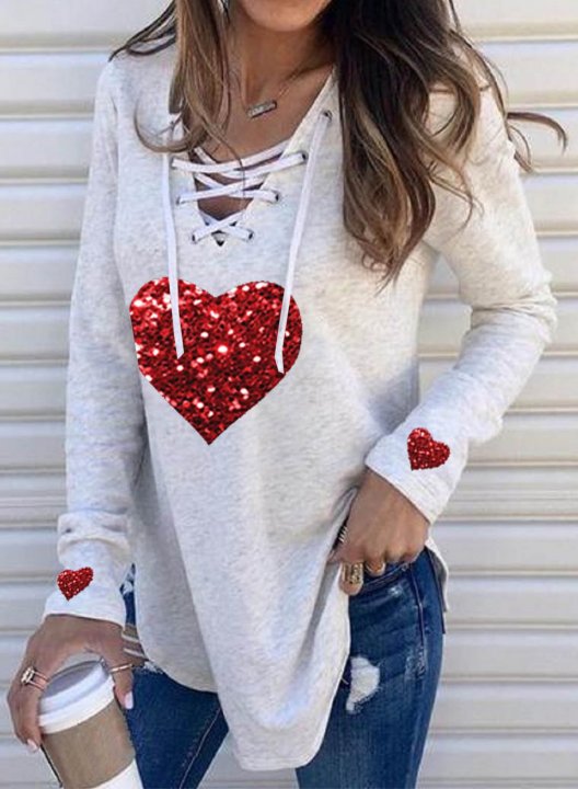 Women's Sequin Heart Sweatshirt Drawstring Long Sleeve V Neck Casual T-Shirt