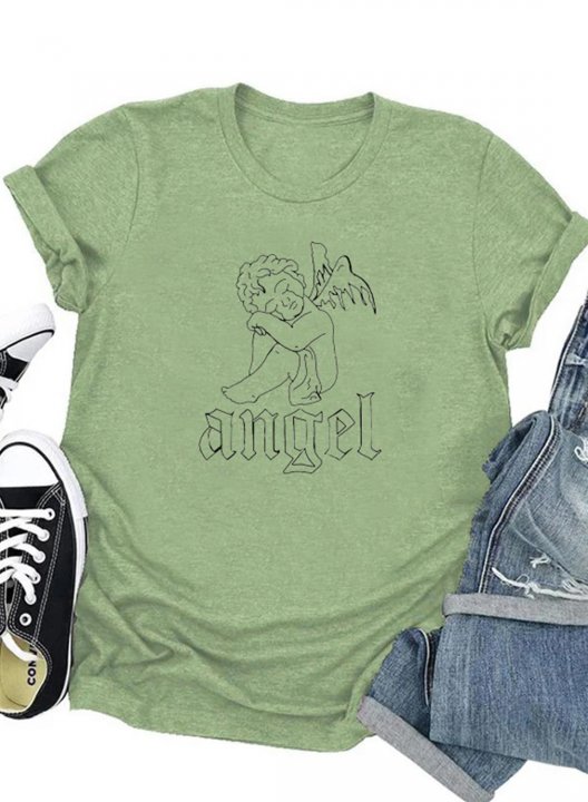 Women's Graphic Angel T-shirts Letter Short Sleeve Round Neck Casual T-shirt