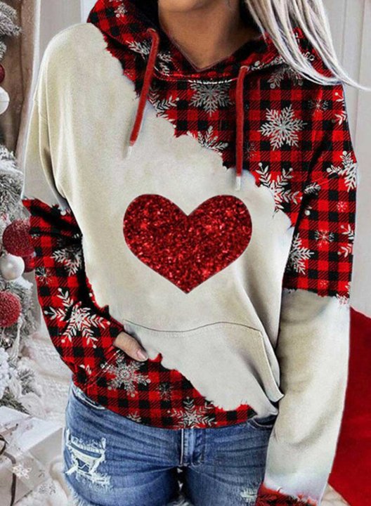 Women's Hoodies Sequins Heart Plaid Long Sleeve Hoodie