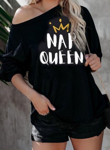 Women's Nap Queen Sweatshirt Letter Long Sleeve Off Shoulder Daily Sweatshirt