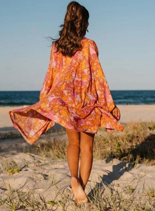 Women's Cover-ups Floral V Neck Long Sleeve Open Front Daily Vacation Beach Summer Cover-ups