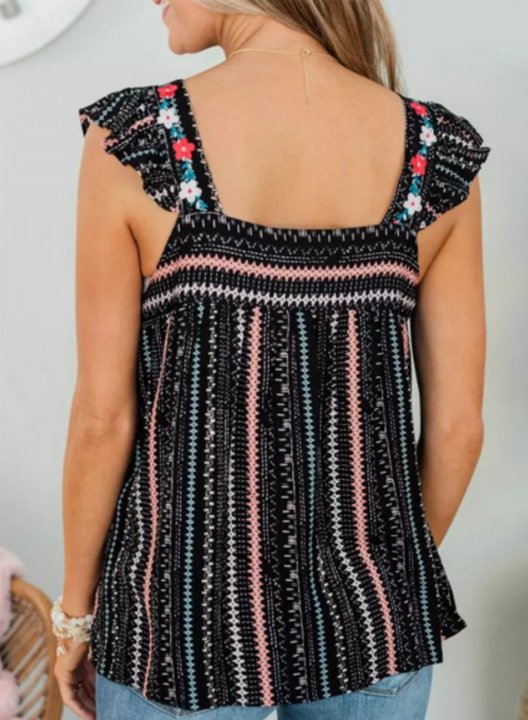 Women's Tank Tops Striped Tribal Ruffle Embroidery Sleeveless Square Neck Casual Boho Tank Tops