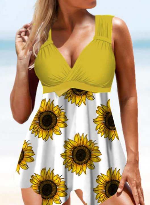 Women's One-Piece Swimsuits One-Piece Bathing Suits Multicolor Sunflower V Neck Casual One-Piece Swimsuits One-Piece Bathing Suits