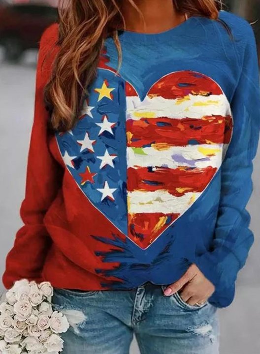 Women's Sweatshirts Color Block Heart Shape American Flag Print Long Sleeve Round Neck Casual Sweatshirt