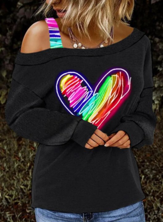 Women's Heart Print Sweatshirt Color Block Cold-shoulder Long Sleeve Casual Pullovers