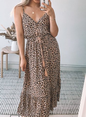 Women's Maxi Dresses Ruffle Leopard Spaghetti V Neck Dress