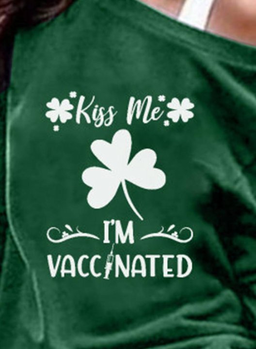 Women's St Patrick's Day Sweatshirt Shamrock Funny Kiss Me I'm Vaccinated Cold Shoulder Shirt