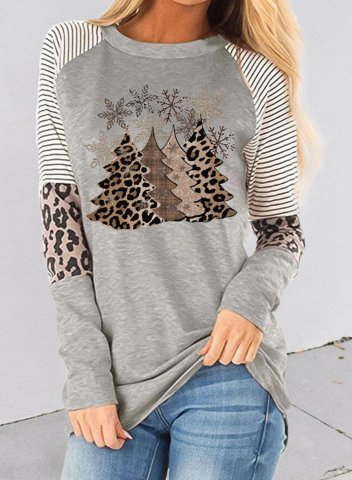 Women's Tree Print Sweatshirts Striped Round Neck Long Sleeve Leopard Sweatshirts