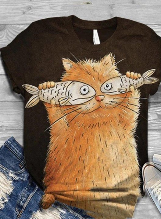 Women's T-shirts Cute Cat with Fish Short Sleeve T-shirt