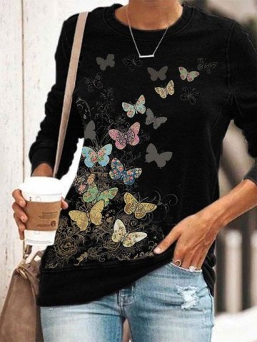 Women's Butterfly Print Crew Neck Sweatshirt