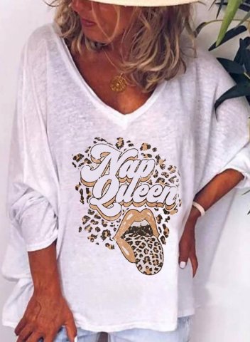 Women's Nap Queen T-shirts Leopard Letter Print Long Sleeve V Neck Daily T-shirt