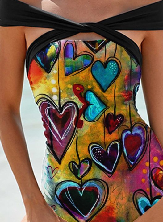 Women's One Piece Swimwear Color Block Heart-shaped Off Shoulder One-Piece Swimsuit