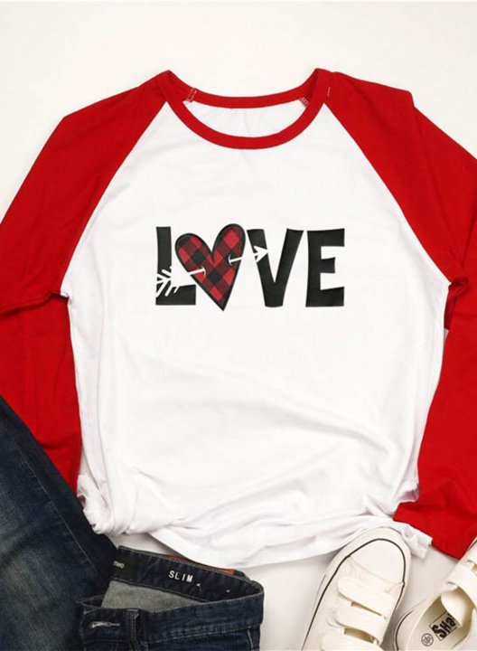 Women's T-Shirt Love Heart Print T-shirts Color-block Letter Plaid Print 3/4 Sleeve Round Neck T-shirt