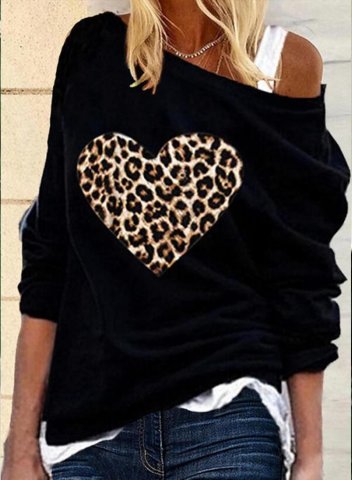 Women's Heart Sweatshirt One Shoulder Leopard Heart-shaped Round Neck Long Sleeve Casual Pullovers