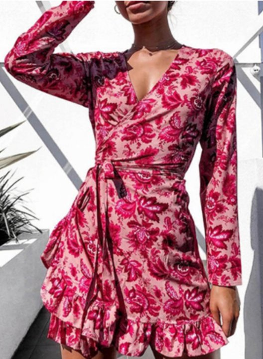 Women's Mini Dresses Floral Long Sleeve Bodycon V Neck Criss Cross Casual Mini Dress