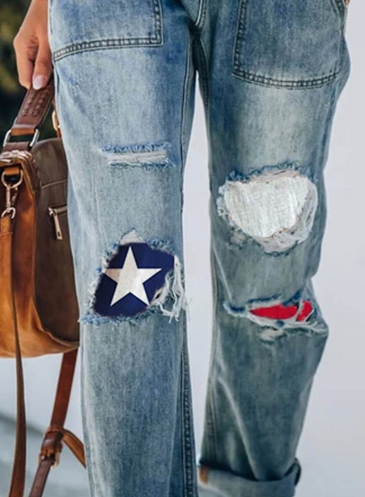 Women's Jeans Color Block Texas Flag Star High Waist Daily Pocket Jeans