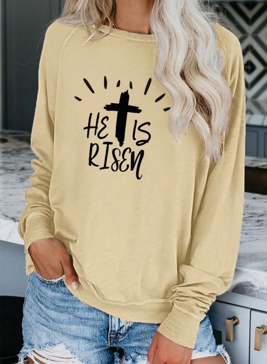 Women's T-shirts Letter Solid Round Neck Long Sleeve Daily Casual Basic T-shirts
