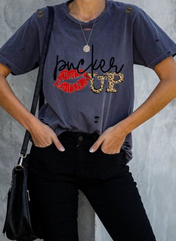 Women's Pucker Up Lips Print T-shirts Letter Lip Leopard Short Sleeve Round Neck Casual Cut-out T-shirt