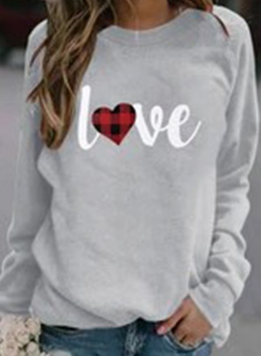 Women's Sweatshirt Letter Love Plaid Heart Print Long Sleeve Round Neck Sweatshirt