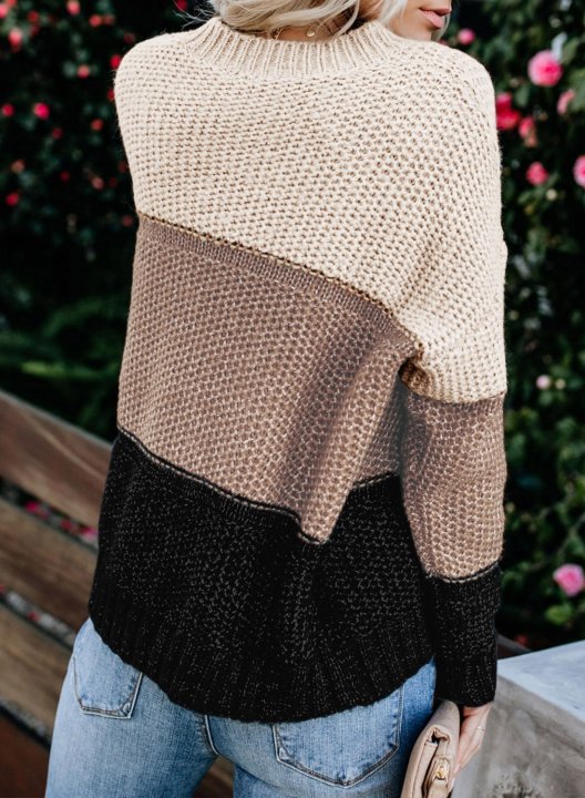 Women's Sweaters Color Block Netted Texture Pullover Sweaters