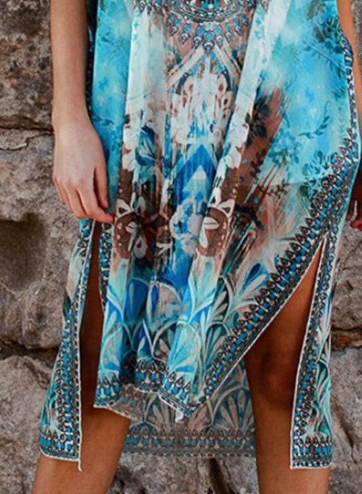 Women's Midi Dress Tribal Shift Short Sleeve V Neck Split Boho Vintage Beach Midi Dress