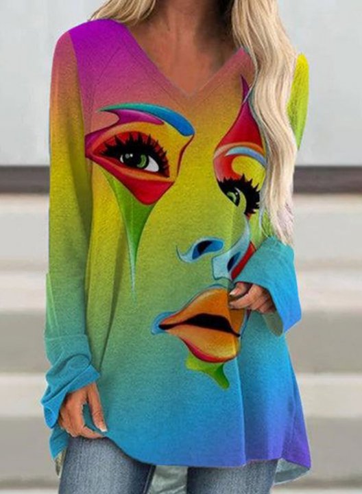 Women's Tunics Color Block Abstract Portrait Long Sleeve V Neck Daily Tunic