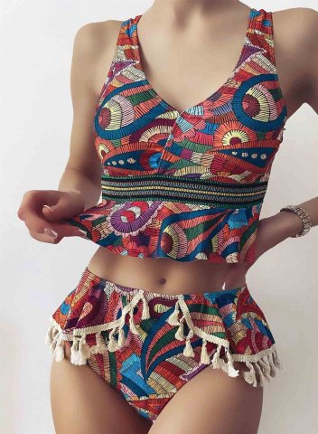 Women's Bikinis Tribal Multicolor High Waist Sleeveless V Neck Padded Adjustable Tassels Wire-free Beach Casual Bikini Suit