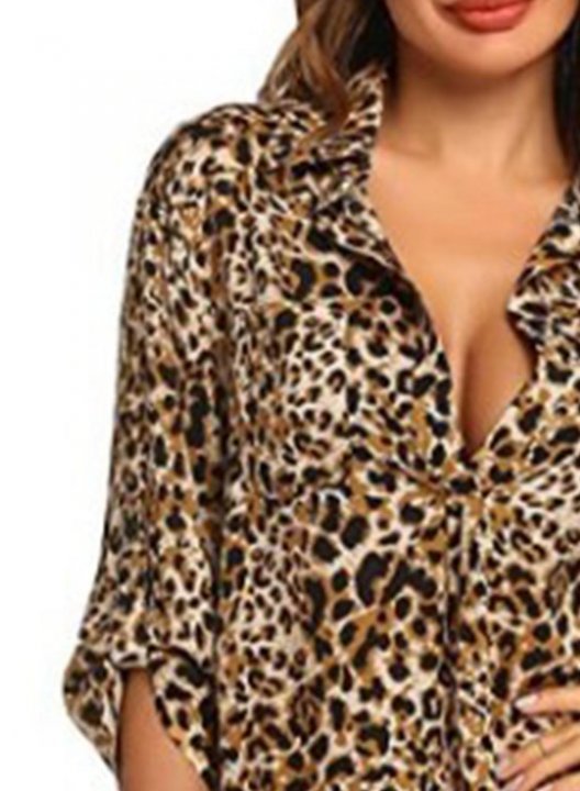 Women's Mini Dress Leopard A-line 3/4 Sleeve Turn Down Collar Summer Daily Casual Beach Mini Dress