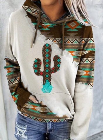 Women's Ethnic Style Geometric Aztec Cactus Hoodies Drawstring Long Sleeve Button Color Block Casual Hoodies With Pockets