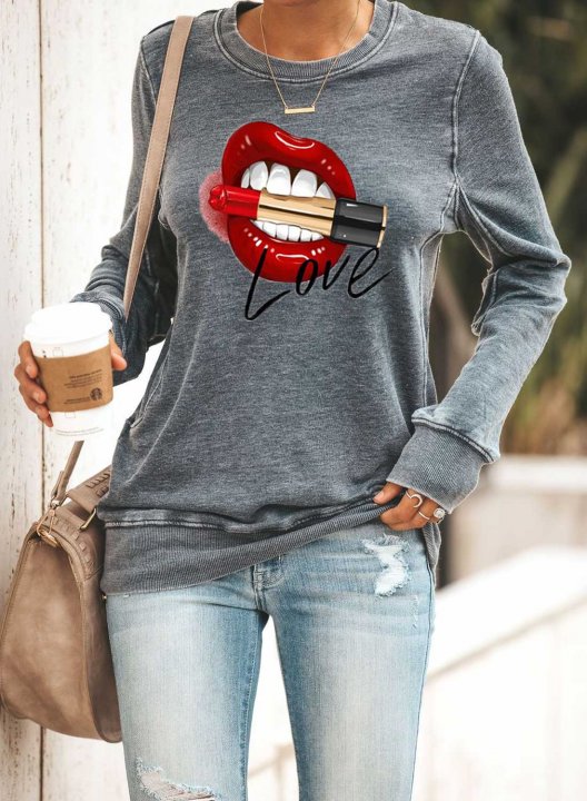 Solid Lips Print Long Sleeve Round Neck Sweatshirt