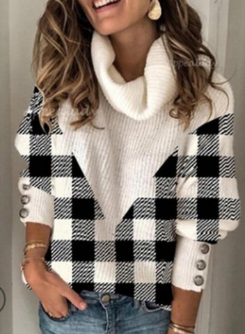 Women's Sweaters High Neck Long Sleeve Black and White Plaid Sweaters