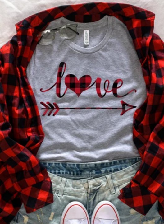 Women's T-shirts Plaid Heart Love Letter Print Short Sleeve Round Neck T-shirt