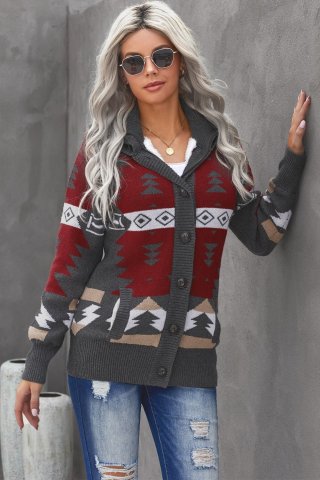 Women's Cardigans Retro Jacquard Pattern Buttoned Front Hooded Cardigan