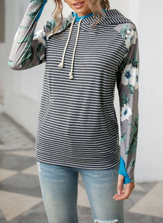 Striped&Floral Long Sleeve Zip Hoodie