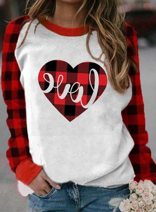 Women's Sweatshirt Plaid Heart Love Print Long Sleeve Round Neck Sweatshirt