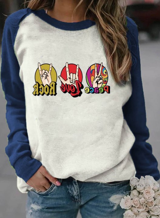 Women's Sweatshirts Color-block Letter Rock Long Sleeve Round Neck Casual Sweatshirt