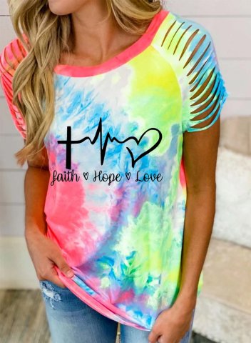 Women's T-shirts Multicolor Tie Dye Letter Faith Hope Love Print Cut-out Short Sleeve Round Neck Daily T-shirt