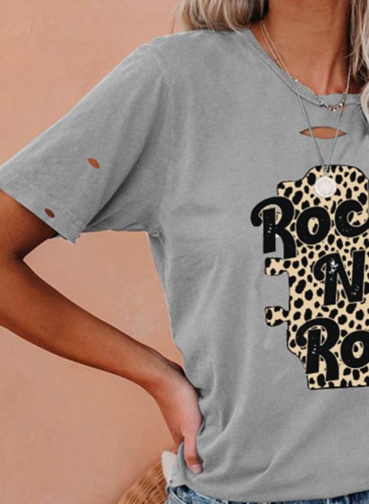 Women's Rock & Roll T-shirts Leopard Letter Print Short Sleeve Round Neck Daily Basic T-shirt