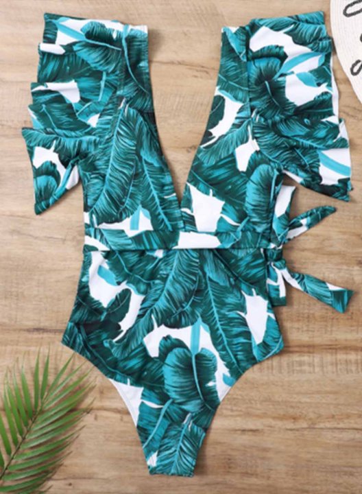 Women's One Piece Swimwear Floral V Neck Short Sleeve Ruffle Knot Casual One-Piece Swimsuits One-Piece Bathing Suits