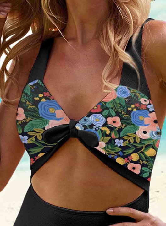 Women's One-Piece Swimsuits One-Piece Bathing Suits Knot Floral Multicolor V Neck Vintage One-Piece Swimsuit