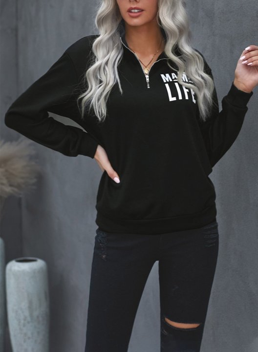 Solid Long Sleeve Letter V Neck Zip Front Sweatshirt